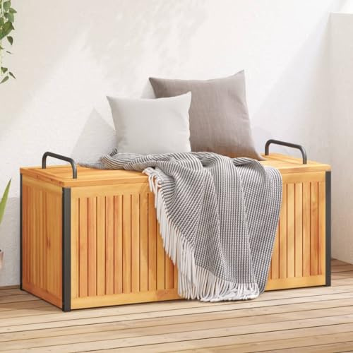 LAPOOH Gartenbox 110x45x42/53 cm Massivholz Akazie und Stahl, Kissenbox Outdoor WassBerdicht, Auflagenbox, Aufbewahrungsbox, Terrassenschrank, Gartentruhe, Gartenkiste, Garten Aufbewahrung - 367609
