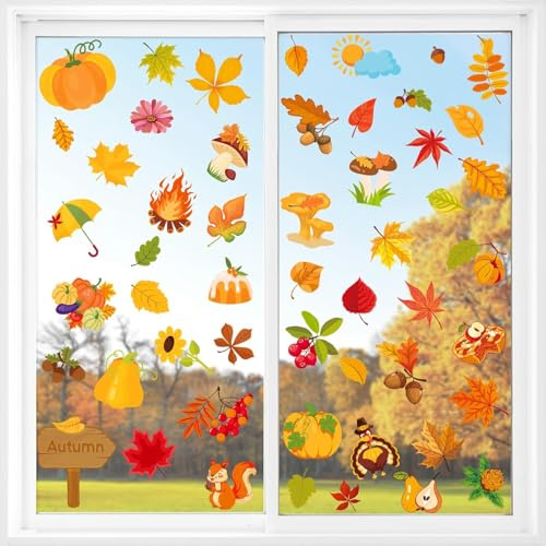 Glvomazty 7 Stück Fensterbilder Herbst, Thanksgiving Herbstdeko Fenster Aufkleber, Thanksgiving Fenster Aufkleber, Herbstdeko Fenster Deko Ohne Kleber, für Herbst Deko