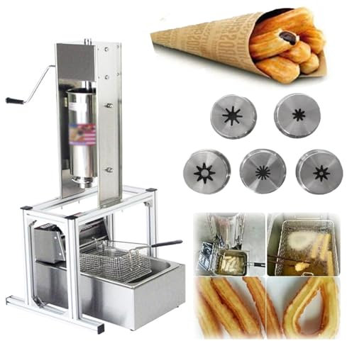 JOSBY Macchina per Churros Spagnoli Verticali da 5 Litri, Macchina per Ciambelle Commerciali in Acciaio Inossidabile con 5 Ugelli, con Friggitrice Elettrica e Supporto, Attrezzatura per Frutta Latina