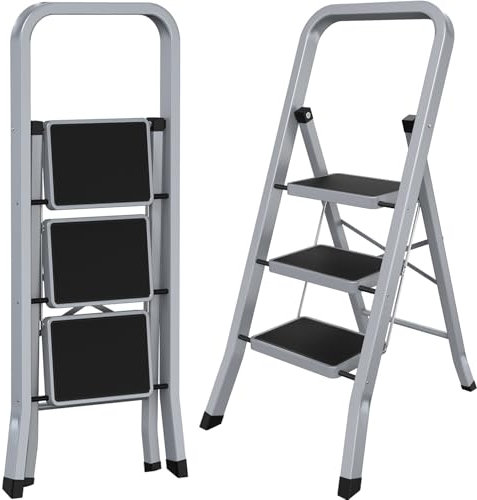AMHANCIBLE Scaletta 3 Gradini, Scala Pieghevole con Pedali Antiscivolo, Corrimano, Blocco di Sicurezza, Scala Domestica Leggera per Casa Giardino Cucina, Portata 150 kg, Grigio EBSL03GY