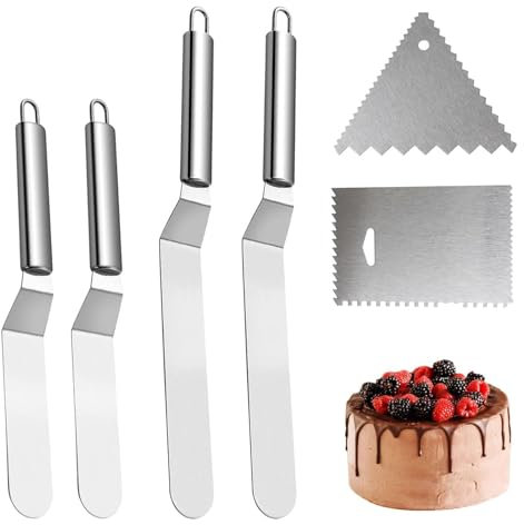VZU 4 Stück Edelstahl Winkelpalette Torte, mit 2pcs Icing Spatula, 6/8in Palettenmesser Torte, Cake Scraper, Cake Spatula, Torten Zubehör, Streichpalette für Torten, für Torte Dekorieren, Silbe