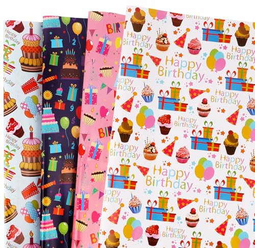Geburtstags-Geschenkpapierbogen, 8 Bögen, flach gefaltetes Geschenkpapier, 4 bunte Designs, Geschenkverpackung für Kinder und Erwachsene, Geburtstagsparty – 51 x 74 cm pro Blatt (mehrfarbig)