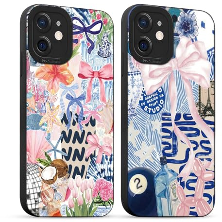 Yirlbey iPhone 12-fodral, 2 st, 6,1 tum, mobiltelefonfodral estetisk mönsterdesign, mjuk färgglad silikon, TPU-stötdämpare, ultratunn, kameraskydd, skyddsfodral, fodral för flickor, Kollage rosetter