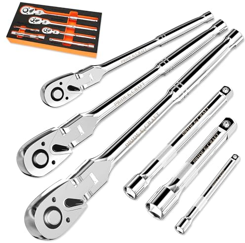 PRIDE&CRAFT 6-Piece Flex Head Ratchet Set, 1/4, 3/8, 1/2 Drive 72-Tooth Swivel Head Ratchet Wrench with Extension Bars, Quick Release Reversible Socket Wrench, EVA Organizer