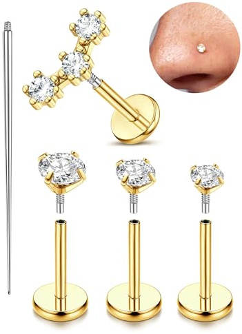 Helix Piercings Nasenpiercing Set Chirurgenstahl gold/silber Piercing Ohr kleine Ohrstecker hypoallergen Tragus Conch Knorpel Lippenpiercing Labret Piercing für Damen Herren Gold 18G (1,0 mm)/6 mm