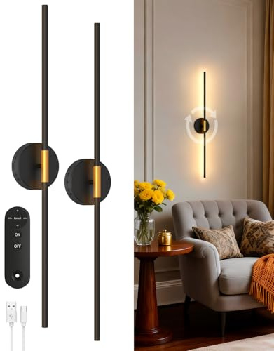 Battery Operated Wall Sconces Set of 2, 360° Rotatable Wall Sconce with Remote, 3000K Dimmable Magnetic Mount Wall Sconces, Rechargeable 28.3inch Wall Lights for Bedroom, Living Room, Dinning Room