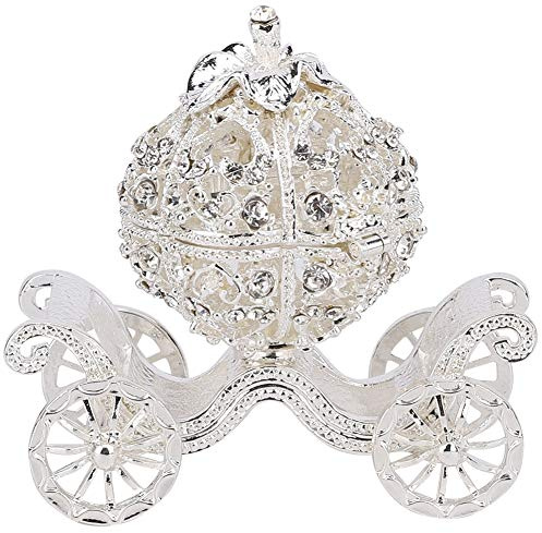 equlup Pumpkin Carriage Decorative Hinged Jewelry Trinket Box Crystal Rhinestone Princess Cinderella Silver Collectible Figurine Display Holder
