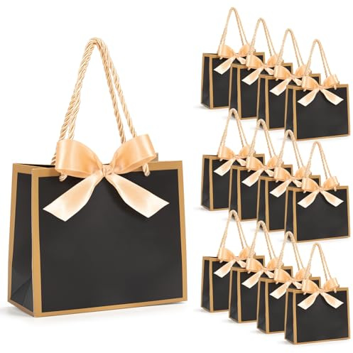12 Stück kleine Geschenktüten mit Schleifenbändern, Mini Mitgebsel Tüten | 14 x 6 x 12 cm Geschenktüte mit Griffen danke Geburtstag Hochzeitsfeiern Brautpartys Babypartys (Schwarz)