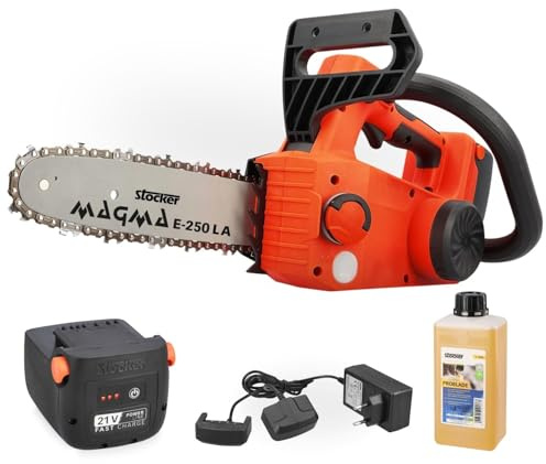 STOCKER - Kit Potatura Professionale Motosega Magma E-250 LA 21V con Batteria Fast Charge 2,6Ah, Caricabatterie Doppio 21V e Olio – Sistema Completo per Potatura e Cura del Verde