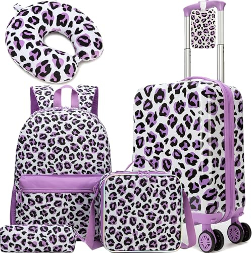 HTgroce 5tlg Kinderkoffer mit Rucksack,Nackenkissen, Lunchtasche,Federtasche & Kofferanhänger, Mädchen Kinder Mini Koffer Trolley Hartschalenkoffer Kids Suitcase