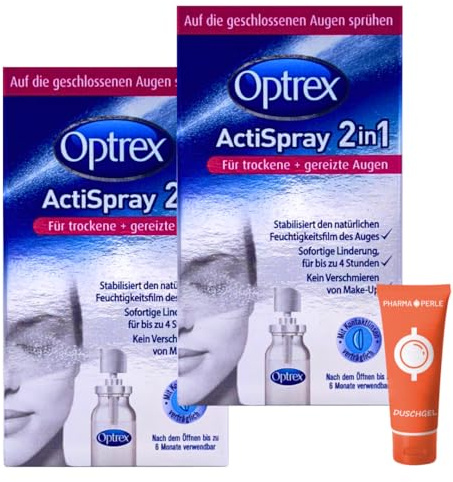 Optrex ActiSpray 2in1 Augenspray 2x 10 ml I Für trockene & gereizte Augen I Stabilisiert den Tränenfilm I Kontaktlinsen- & Make-up-geeignet I ideal für unterwegs I Spar-Set plus Pharma Perle give-away