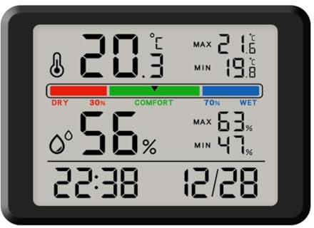 FACAIIO Alarm Clock with LCD Display for Temperature and Humidity, Digital Electronic Clock with Soft Backlight, Black