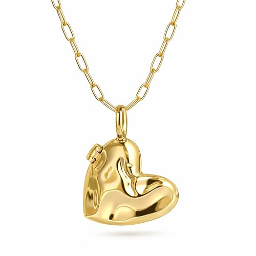 Amazon Essentials Large Heart Locket for Women Hammered Finish with 18 Paperclip Chain