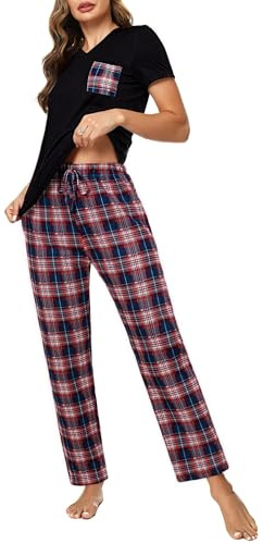 Crewhpo Womens Pyjamas Set Cotton Short Sleeve V-Neck Top and Plaid Bottoms | Soft Pjs Set, Chest Pocket, Gentle Smooth Fabric, Checked Trousers, Sleepwear, Home Loungewear, Summer Nightwear