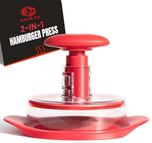 ANJUKE Antihaft-Burgerpresse, 2-in-1 Burger Patty Presse für 1/2 Pfund & 1/4 Pfund Patties, Robuste Hamburgerpresse für Grill, BBQ und Outdoor-Küche, Perfektes Grillzubehör Geschenk für Männer (Rot)