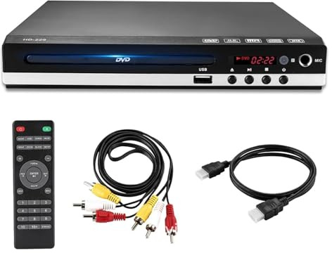 Plyisty Lettore DVD HDMI 1080P per Tutte le Regioni per TV, Disco Multiformato e USB, CD, MP3, 6,5 Mm, Supporto NTSC/PAL, Include Telecomando per Stereo Domestico (Spina europea)