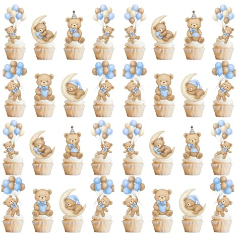 CavspkArt 32 Pieces Blue Teddy Bear Cake Toppers Set, Cupcake Decorations