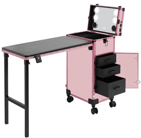 Loobiiny Kosmetisk väska trolley nagelbord 3 lådor lås LED-spegel | Aluminium sminkfodral, 50 kg bärkraft, Bluetooth, rullväska frisörväska, frisörer, viskosgister, manikyr, toalettbord