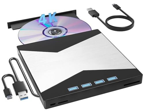 Lecteur Blu-Ray Externe 4K for Ordinateur Portable, USB 3.0, Lecteur CD/DVD RW, graveur avec Port SD/TF, Optique