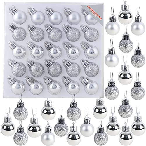 Christmas Concepts® Pack of 25-25mm (1) Mini Christmas Tree Baubles - Shiny, Matte & Glitter Decorated Baubles (Silver)