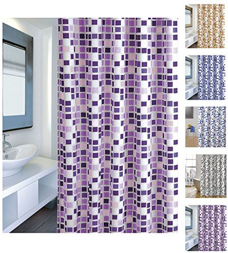 MSV Cotexsa by 142101 Anti-Schimmel Textil Duschvorhang - Anti-Bakteriell mit 12 Duschvorhangringen „Mosaik“ Violett 180x200cm
