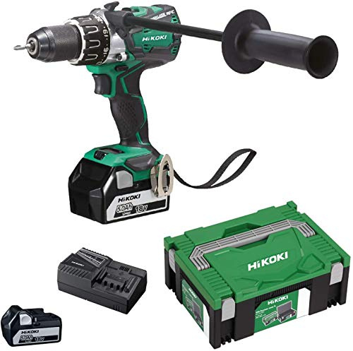 HIKOKI 51255266 - Taladro atornillador a batería 18V 5.0Ah portabrocas 13mm 136Nm con 2 batería cargador y maletín DS18DBL2