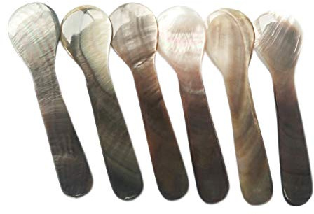 DUEBEL Juego de 6 Cucharas MOP Brillantes de Nácar de 7.5cm x 2cm para Caviar, Huevo y Helado (Negro)