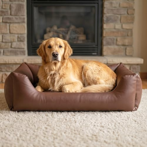 4L Textil Mario Orthopädisches Hundebett Kunstleder große Hunde Hundekorb | 140x110 cm | Braun | Wasserabweisend | Abwischbar | Robust