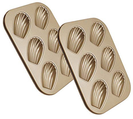 WasonD 2pcs 6-Cavity Shell Shape Madeleine Pan Mould Carbon Steel Metallic Nonstick & Heat Resistant Muffin Cake Chocolate Pastry Baking Molds - Gold