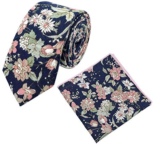 DB Dickie Bow Men's Floral Luxury Cotton Skinny Neck Tie & Pocket Square Set