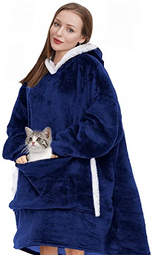 Överdimensionerad huvtröja filt tröja, sherpa bärbar filt med huva unisex en storlek passar alla – present till mamma och dotter, Marinblå/ny, One Size