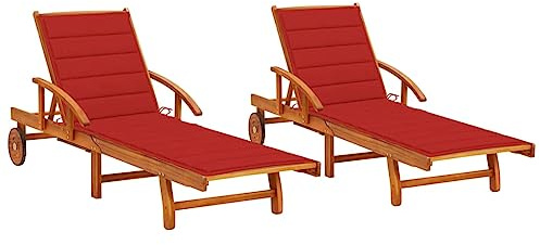 vidaXL Cushioned Solid Acacia Wood Sun Lounger with Adjustable Backrest and Wheels for Outdoor Patio Garden Relaxation 2 Comfy Red Cushions Wooden Chaise Lounge Day Bed Pool Deck Seating Chair
