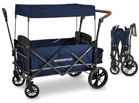 WONDERFOLD X2 Push & Pull Double Stroller Wagon (2 Seater) Featuring 5 Point Harnesses, Adjustable Push Handle, Telescopic Pull Handle, and Removable UV-Protection Canopy, Midnight Blue