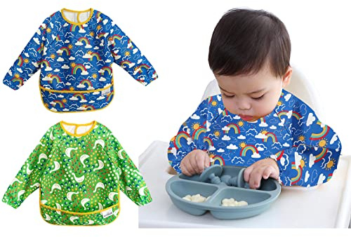YKVOSAR 2 Pack Baby Bibs for Boy - Full Sleeve, Waterproof Bibs for Toddlers, Fit Age 6-36 Months