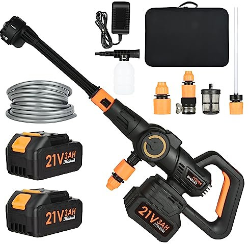 Cordless Power Washer, Portable Pressure Washer 28 Bar/406PSI with 2 Pack Battery, Tap Connector, Bottle Connector, 16FT Hose, Battery Jet Washer for Patio Cleaning and Car Washing