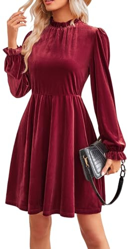 Jayscreate Abito da Donna 2023 in Velluto Elastico in Vita Autunno Manica Lunga ospite Matrimonio Abito Formale Tunica Corta Avvolgente, Vino Rosso, M
