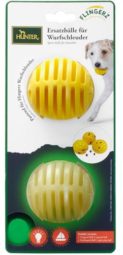 HUNTER Ersatzbälle FLINGERZ, Doppelpack, aus robustem Gummi, mit Pfeifgeräusch, befüllbar mit Snacks, schwimmfähig, Leuchtend im Dunkeln, geeignet für Schleuderstab, Größe: 7 cm
