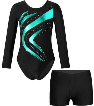 YiZYiF Mädchen Turnanzug Langarm Metallic-Kurvenmuster Trikot Gymnastik Shorts Set Kinder Ballett Tanzoutfit Wettbewerb Trainingsanzug A_Blaugrün 146-152