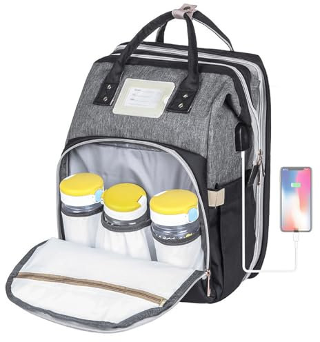 Baby Changing Bag, Diaper Bag, Large Nappy Backpack with Portable Changing Mat and Foldable Cot, Multifunctional Waterproof Baby Travel Bag for Mum and Dad (Black & Gray)
