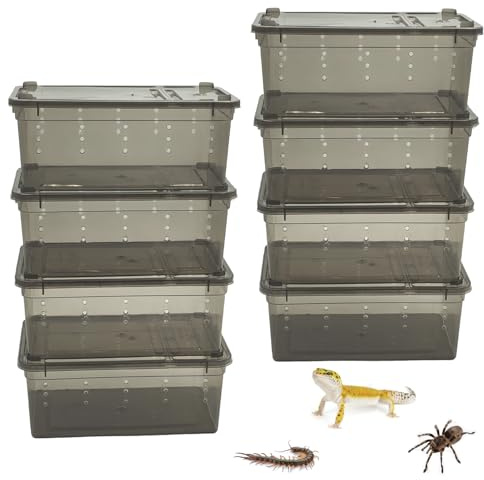PINVNBY 8 PCS Reptile Feeding Box Portable Snake Breeding Box Lizard Cage Hatching Container 7.48x4.92x2.95 Transparent Plastic Pet Houses for Spider Scorpion Gecko Insect Tortoise Treefrog(Black)