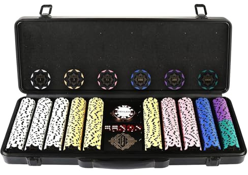 display4top Clay Poker Chips Set for Texas Holdem,Poker Chips with Denominations,Features a high-end Carrying case with Leather Interior Design and German Polycarbonate Shell (300pcs-13.5g)