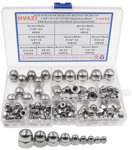 HVAZI 9 Sizes #6-32 to 1/2-13 Acorn Hex Cap Nuts Assortment Kit;304 Stainless Steel SAE Cap Nuts- #6-32#8-32#10-24#10-32 1/4-20 5/16-18 3/8-16 7/16-14 1/2-13 for Screws Bolts