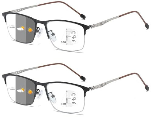Lanomi Progressive Multifocal Half Frame Reading Glasses Metal Men Women Photochromic Varifocal Sunglasses UV Protection Transition Eyeglasses 2 Pairs Silver Multifocal Glasses 2.5