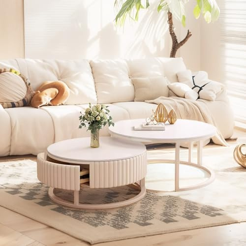 GonTzolkin 2 weiße Couchtische, ausziehbar, rund, mit Aufbewahrung, Marmor und robuster Metallrahmen, modern und ausziehbar, für Wohnzimmer und Büro