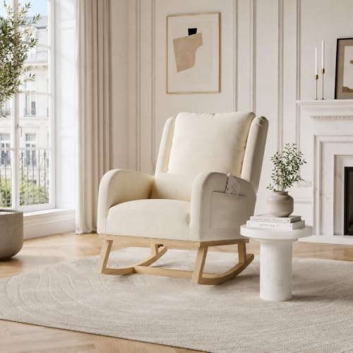 POYHKFD Gungfåtöljer, vadderad gungstol, skandinavisk gungstol med träbas, 2 sidofickor, 1-sits fåtölj för kontor, vardagsrum (beige b)