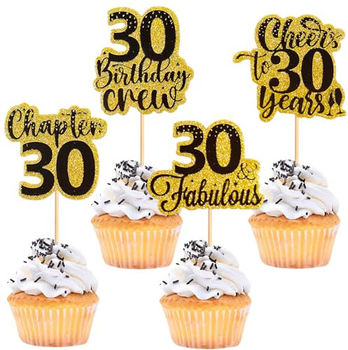 Blumomon 24Pcs 30th Happy Birthday Cupcake Toppers Happy 30 Cupcake Topper Cheers to 30 Cake Decoration for 30th Birthday Party Decoration 30th Anniversary Cake Decoration（Gold）