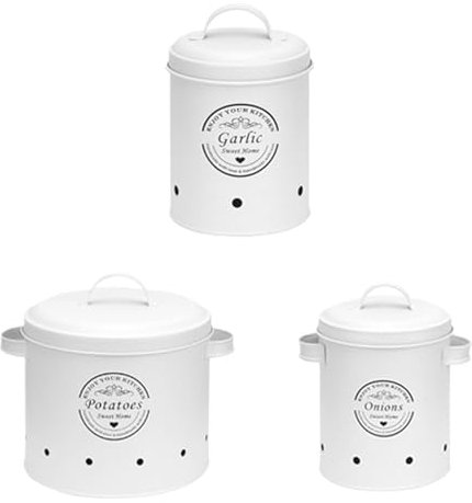 Conservazione di verdure da cucina, Conservazione di cipolle di patate, Barattoli da cucina, Pentole da cucina vintage, Pentole per verdure da cucina, Contenitori bianchi per cipolle, Barattoli di
