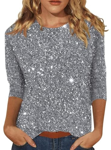 Haut imprimé à paillettes pour femme – Sweat-shirt habillé décontracté à paillettes – Sweat-shirt à col rond à manches 3/4 – Chemises de soirée graphiques scintillantes, gris, XL