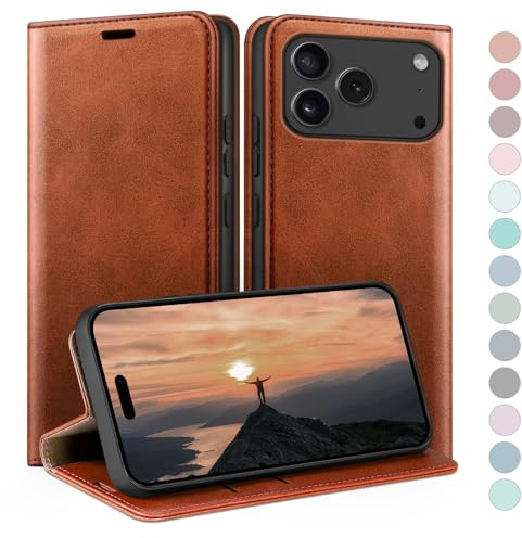 HUOUH Funda para iPhone 17 Pro 6.3 Estuche de Billetera con Cuero de PU con Bloqueo RFID,Titular de Tarjeta de crédito,Cubierta a Prueba de Golpes teléfonos Fundas para Apple 17 Pro Marrón Claro
