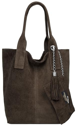 Caspar große Wildleder Shopper Schultertasche XL Damen Handtasche aus Leder mit stylischer Metallkette & kleiner Zusatztasche - CLASSIC LINE - Modell No.828 - Made in Italy